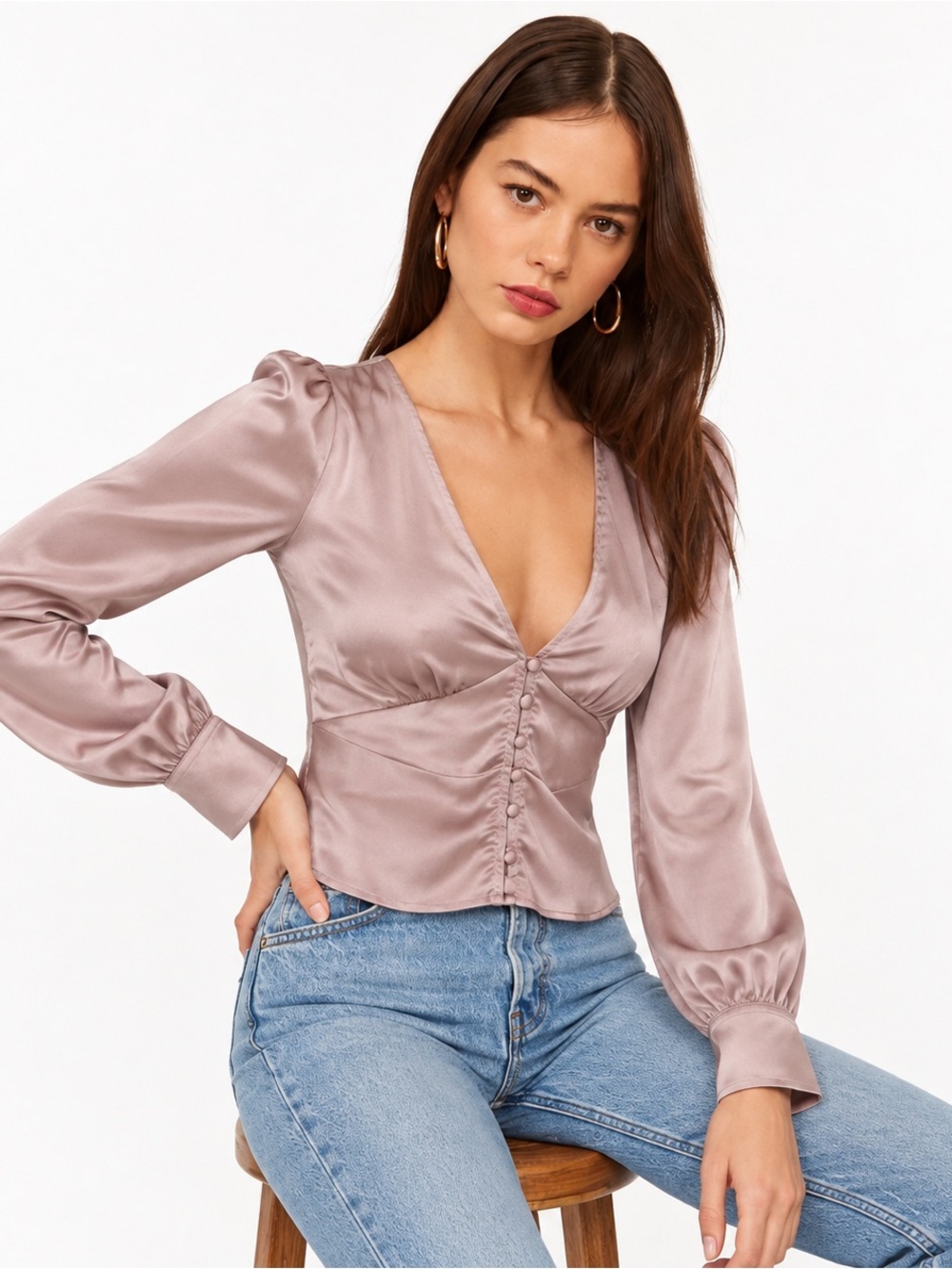 Abercrombie & Fitch Satin Puff Sleeve Button Front Top Mauve Small NWT